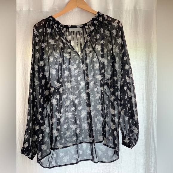 Vince Calico Print Floral Silk Blouse Coastal Navy Sheer - Picture 3 of 10